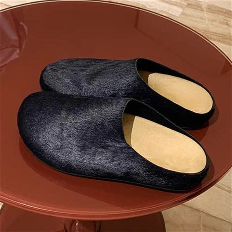 Women Horsehair Round Toe Mules Sandals Suede Flat Heels Soft Footbed Slip on Slides Beach Dress Ladies Fashion Footwear 2026
