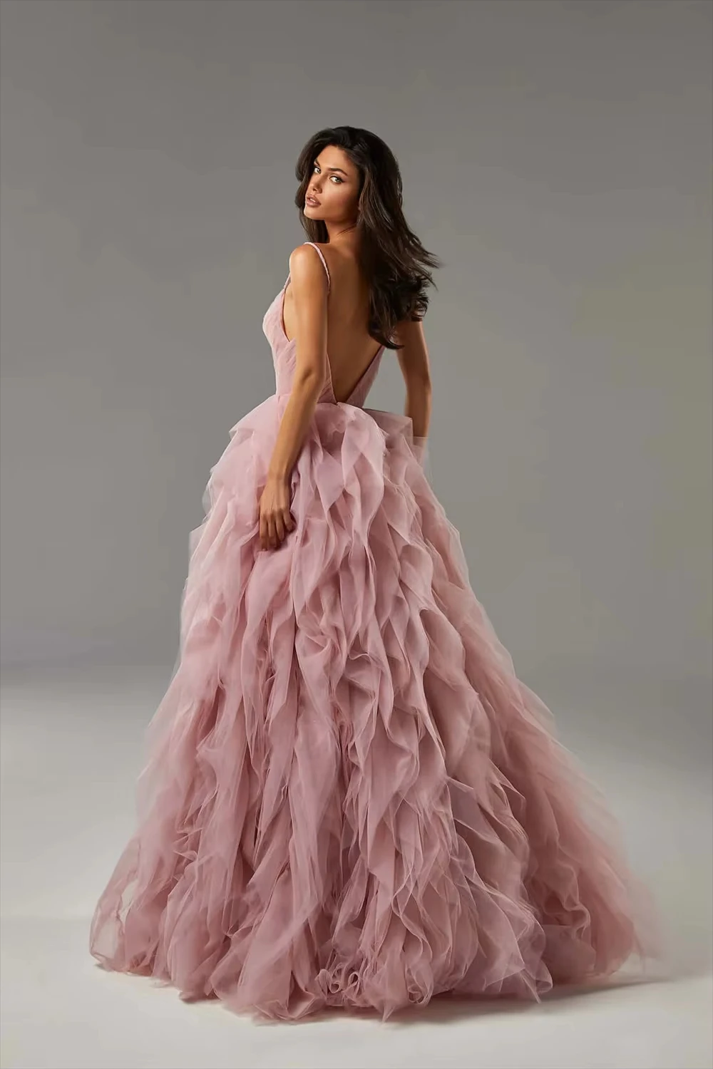 Pink Tulle V-Neck Prom Dress Sleeveless Backless A-Line Spaghetti Strap Multi-Layered Evening Dress Floor-Length Pleat Customize