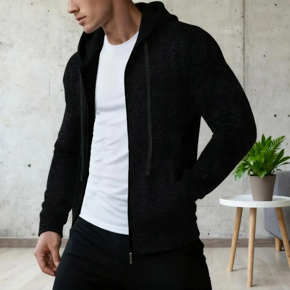 2025 Men Coat Hooded Drawstring Long Sleeve Zipper Closure Casual Jacket with Pockets Solid Color Loose Fit Sport Outerwear