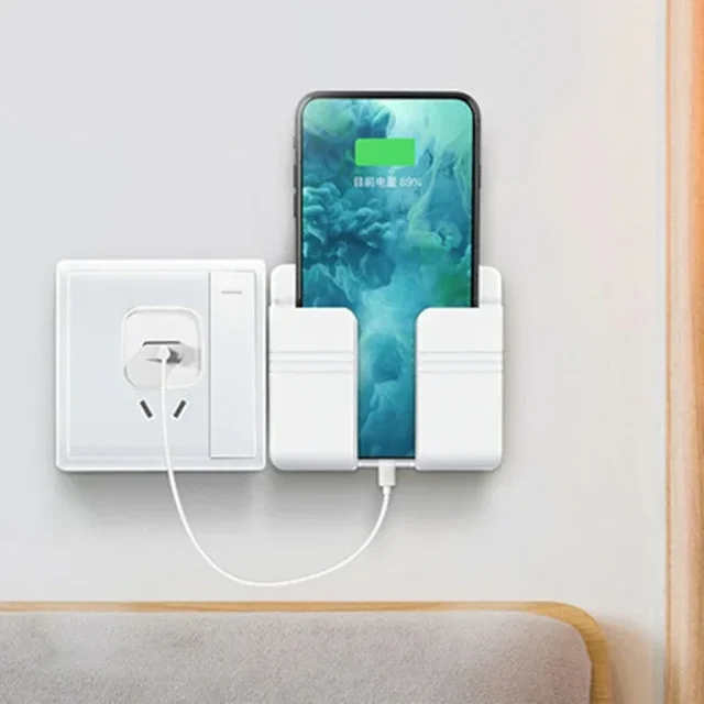 Wall Mount Phone Holder White Punch Free Wall Mobile Phones Charging Stand Lazy Sticky Remote Control Storage Box 5