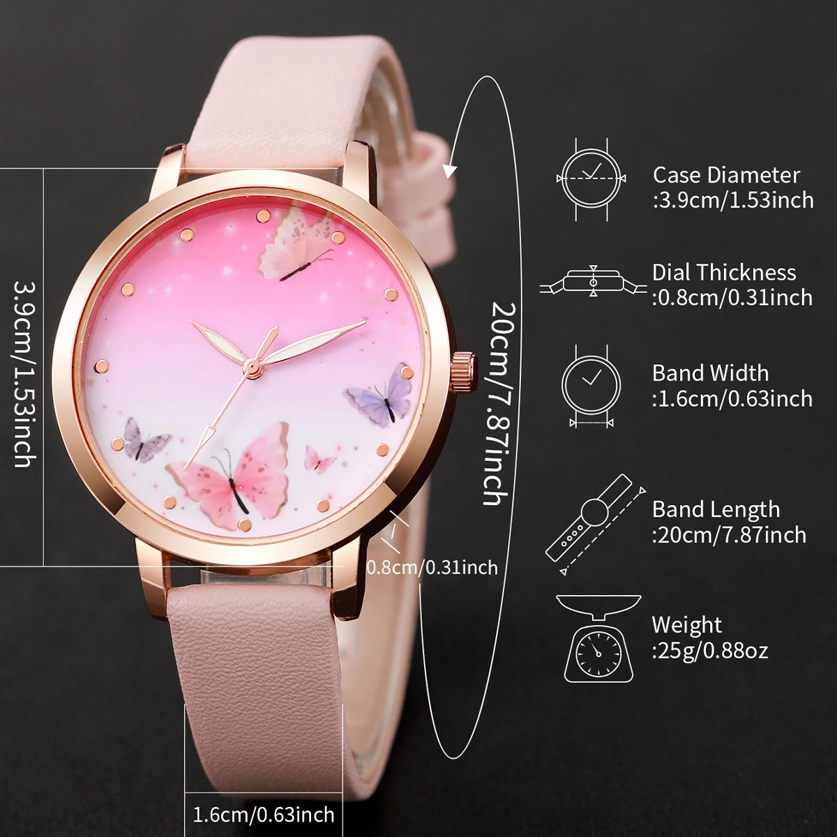 5PCS/Set Women\'s Watch Fashion Butterfly Dial Leather Band Quartz Watches Jewelry Set(Without Box)