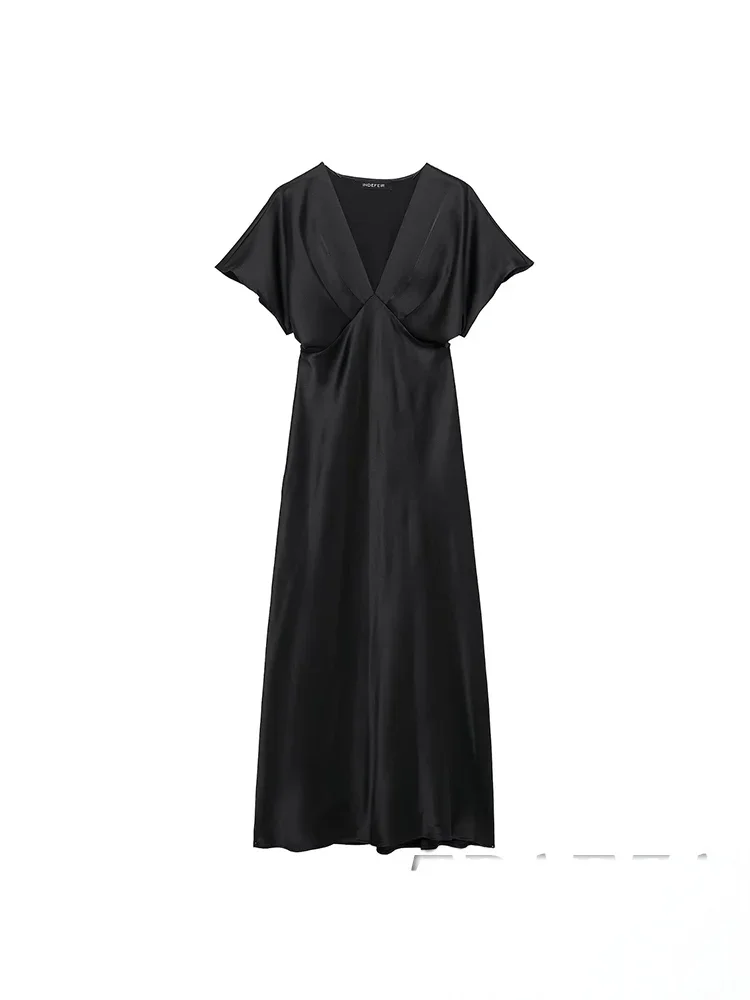 KONDALA Langes Satin Kleid V-Ausschnitt 4