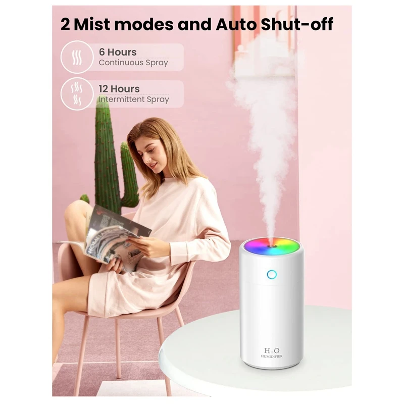 AD-Humidifier Mini USB Air Humidifier 400Ml With Colorful Night Light Auto Power Off For Home Car Bedroom Office