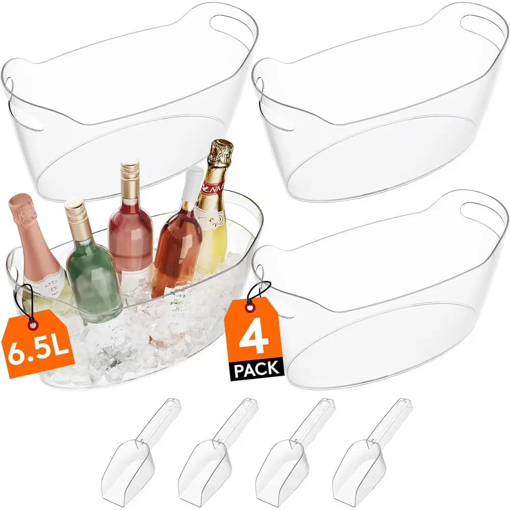 

6.5L Portable Drink Bucket, 4-Piece Set, Plastic Champagne Cooler, Beverage Chiller Tub with Scoop, 38x18x20 cm