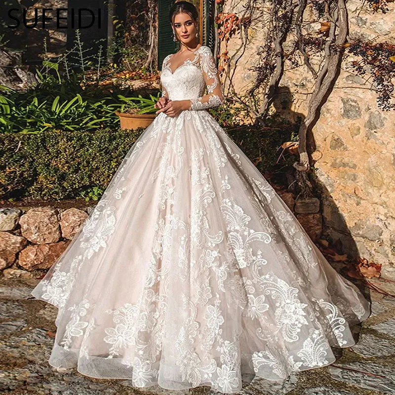 

Elegant Wedding Dresses 2024 Illusion Long Sleeve White Ivory Applique Lace Lady V-Neck Bridal Gowns Princess Sexy Backless Robe