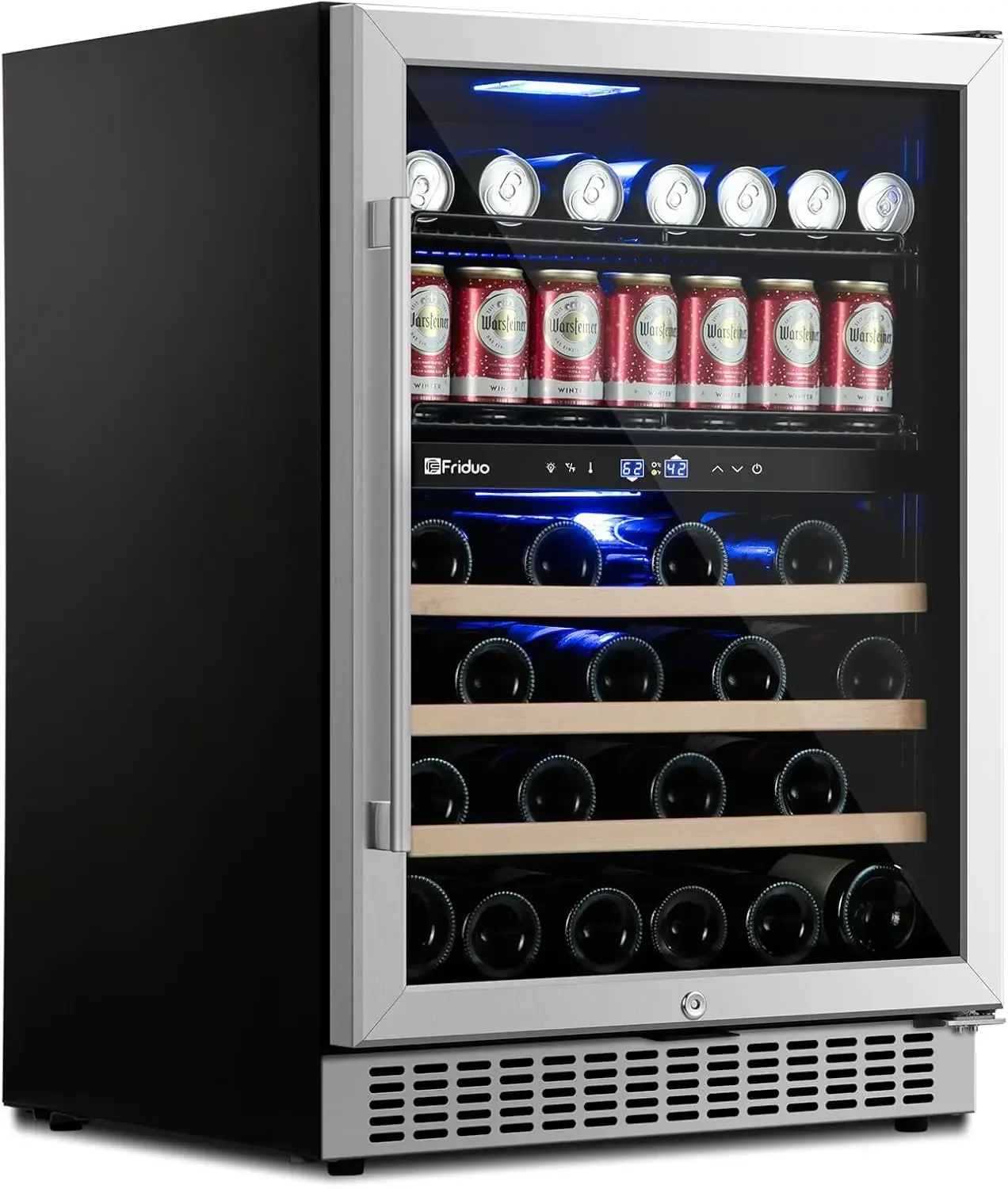 Wine Beverage Refrigerator, Dual Zone Freestanding 30 Bottles and 82 Cans Wine Cooler Fridge with Low Noise Compressor Adjustabl