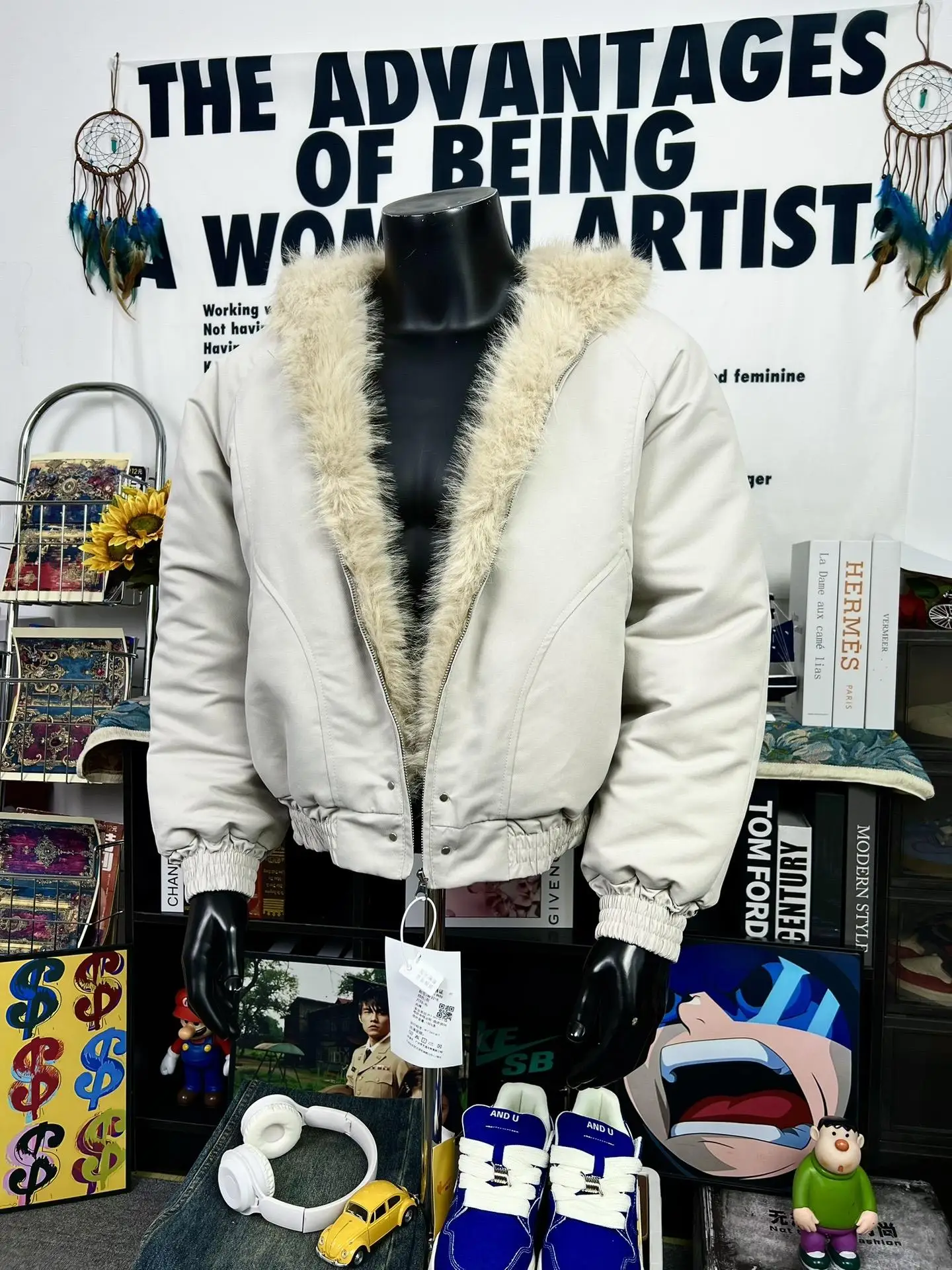 

Men's Winter Jaet ort Quilted Cotton Coat Fur Collar Hooded Mountain Eagle Print Warm Thiened Polyester Casual Coat