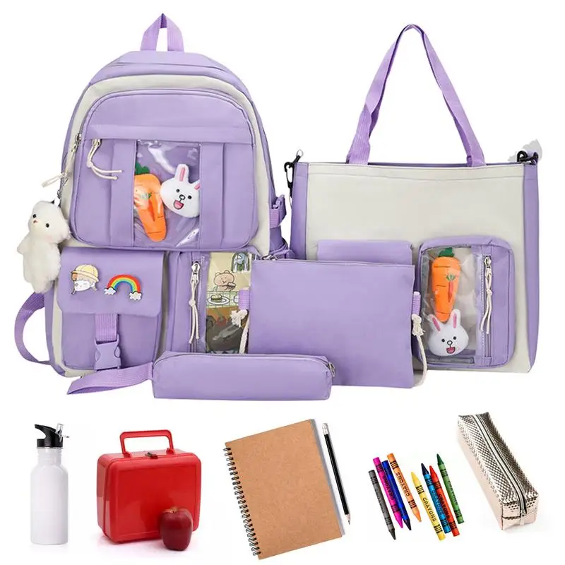 Sac à dos d'école esthétique pour filles, sac à crayons initié, ensemble de sacs de taille avec épingles mignonnes et pochette, 4 pièces