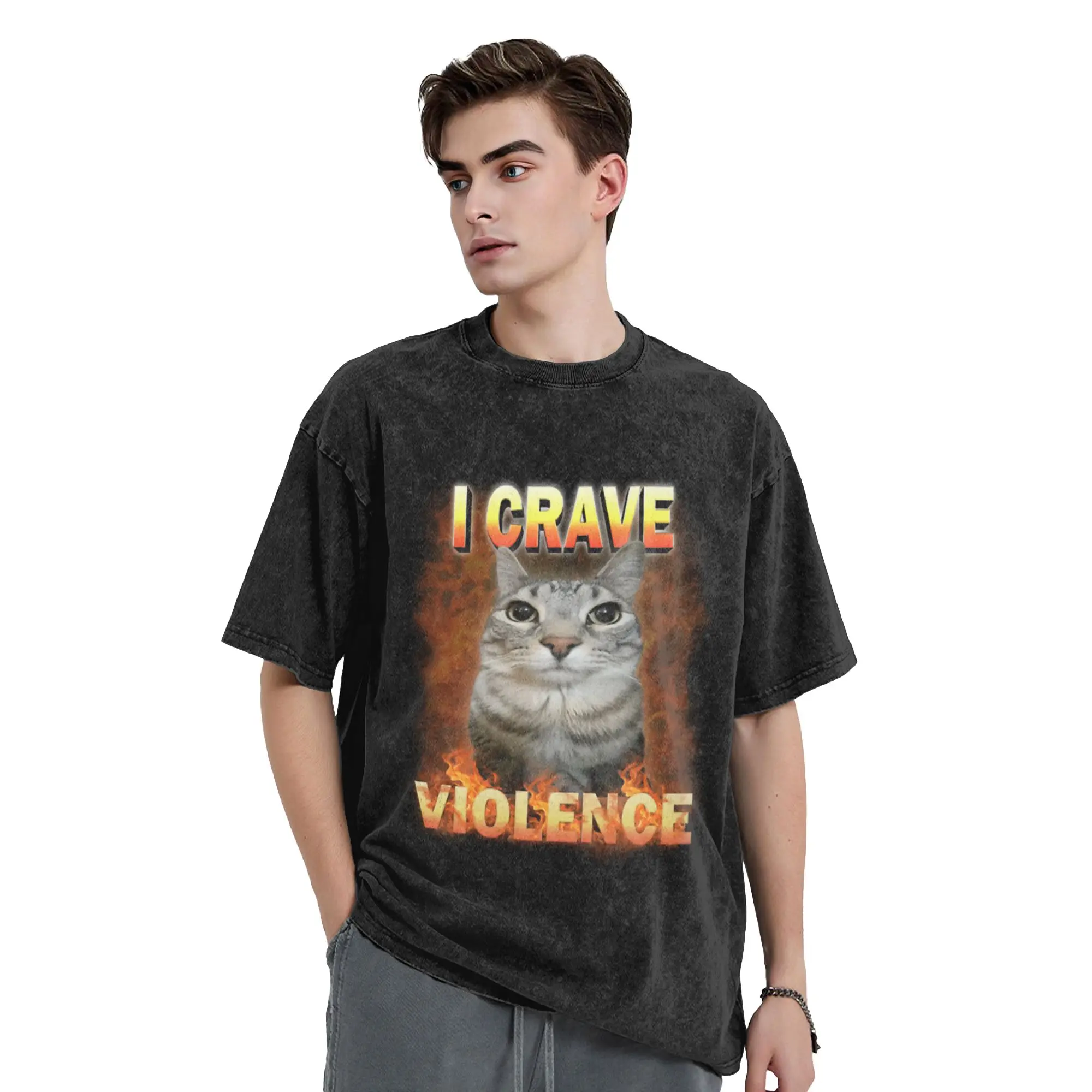 I Crave Violence Funny Cat Meme Unique Cool A Washed T Shirt Men's Women's Oversized Cotton Tees Tops