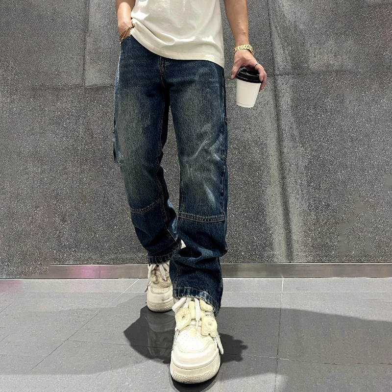

New Arravial Spring & Autumn Men's Jeans Monkey Washed Wide Leg Bottoms Zipper Spliced Denim Pants