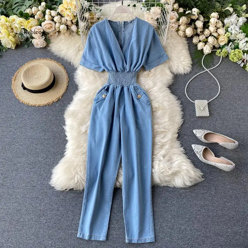 

Women Soild V Neck Batwing Sleeve Elastic Waist Button Pockets Denim Jumpsuits Casual Jean Jumpsuit Rompers