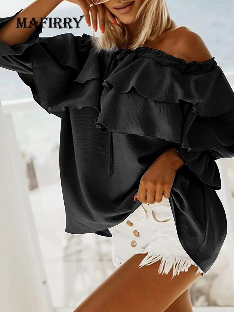 

New Women Sexy Tops Solid Slash Neck Lace-Up Long Flare Sleeve Blouses 2022 Summer Loose Pullover Shirts Streetwear Dropshipping