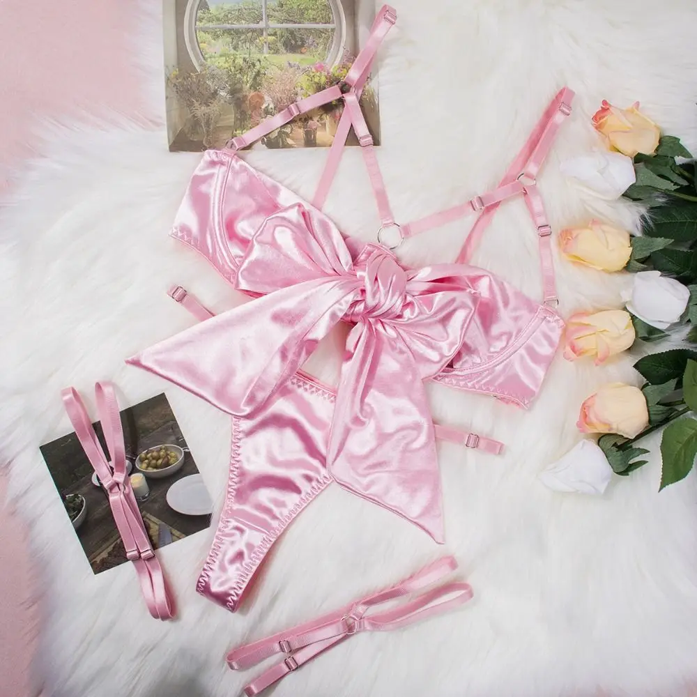 

Pajamas Bow Underwear Three Piece Set Ruffle Hollow Out Satin Silk Bra Suit Women Lingerie Sweet Women Lingerie Set Girl