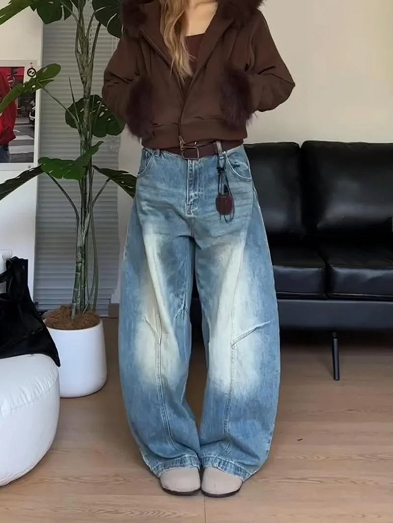 

American Style Loose Lazy Denim Jeans Women Summer New Retro Washed Long Pants High Waist Wide Leg Pure Color Jeans