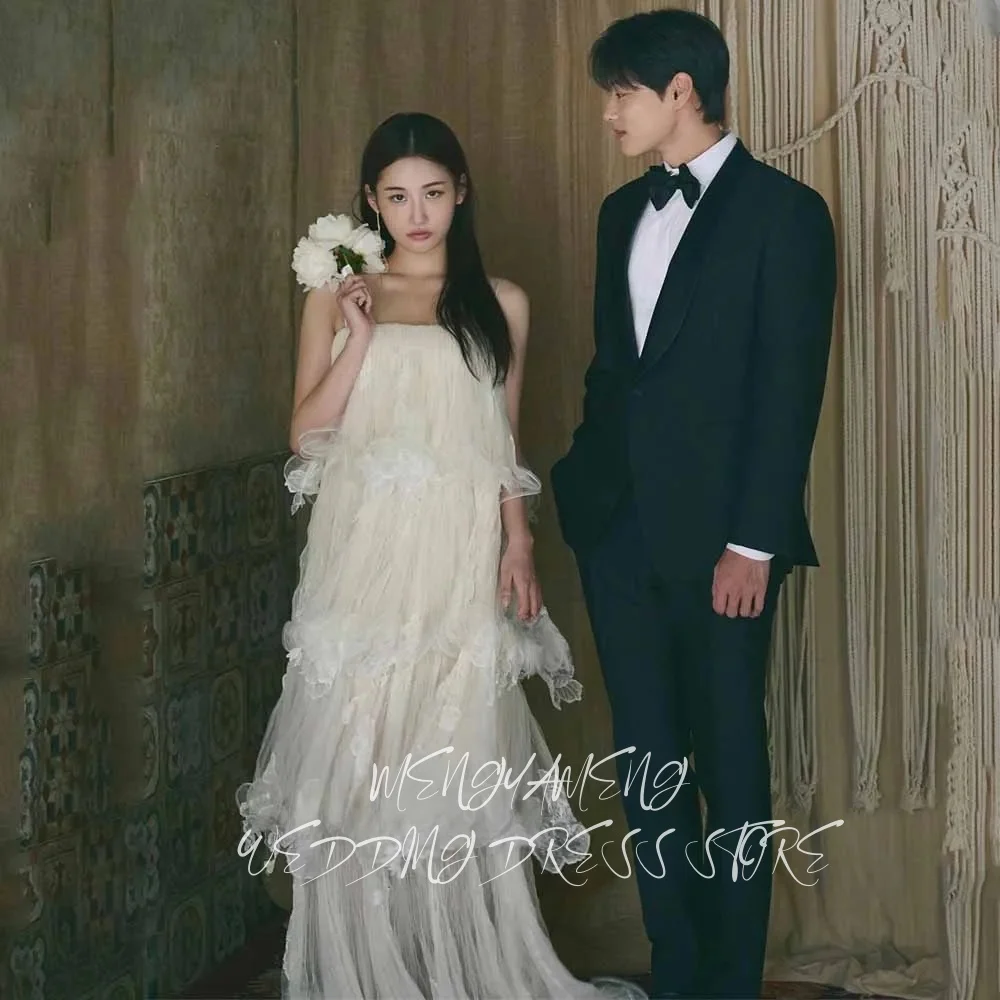 주이슈 스파게티 스트랩 소프트 튤 레이어드 한국 웨딩드레스 사진 촬영 티어드 페어리 브라이덜 가운 파티 이브닝 맞춤 제작