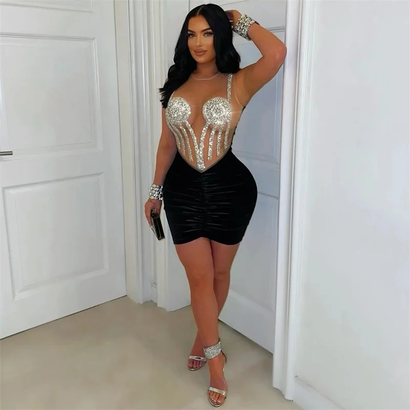 Sexy Mesh See Through Birthday Dress Women Nightclub Party Sparkly Diamonds Rhinestone Velvet Patchwork Bodycon Cocktail Dresses