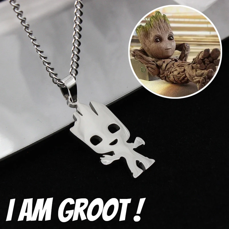 Guardians of The Galaxy Groot Novelty Cute Silver Color Stainless Steel Hollow Anime Jewelry Pendant Necklace for Men Kids Gift