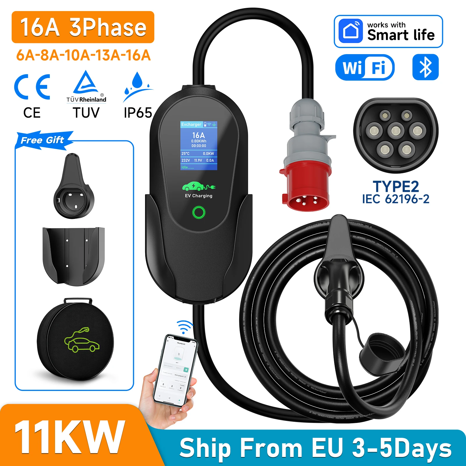 AFEEV Tragbares EV-Ladegerät IEC62196-2 Typ2 11KW 16A 3-Phasen Wallbox EVSE Schnellladestation CEE-Stecker WLAN Bluetooth Fernbedienung