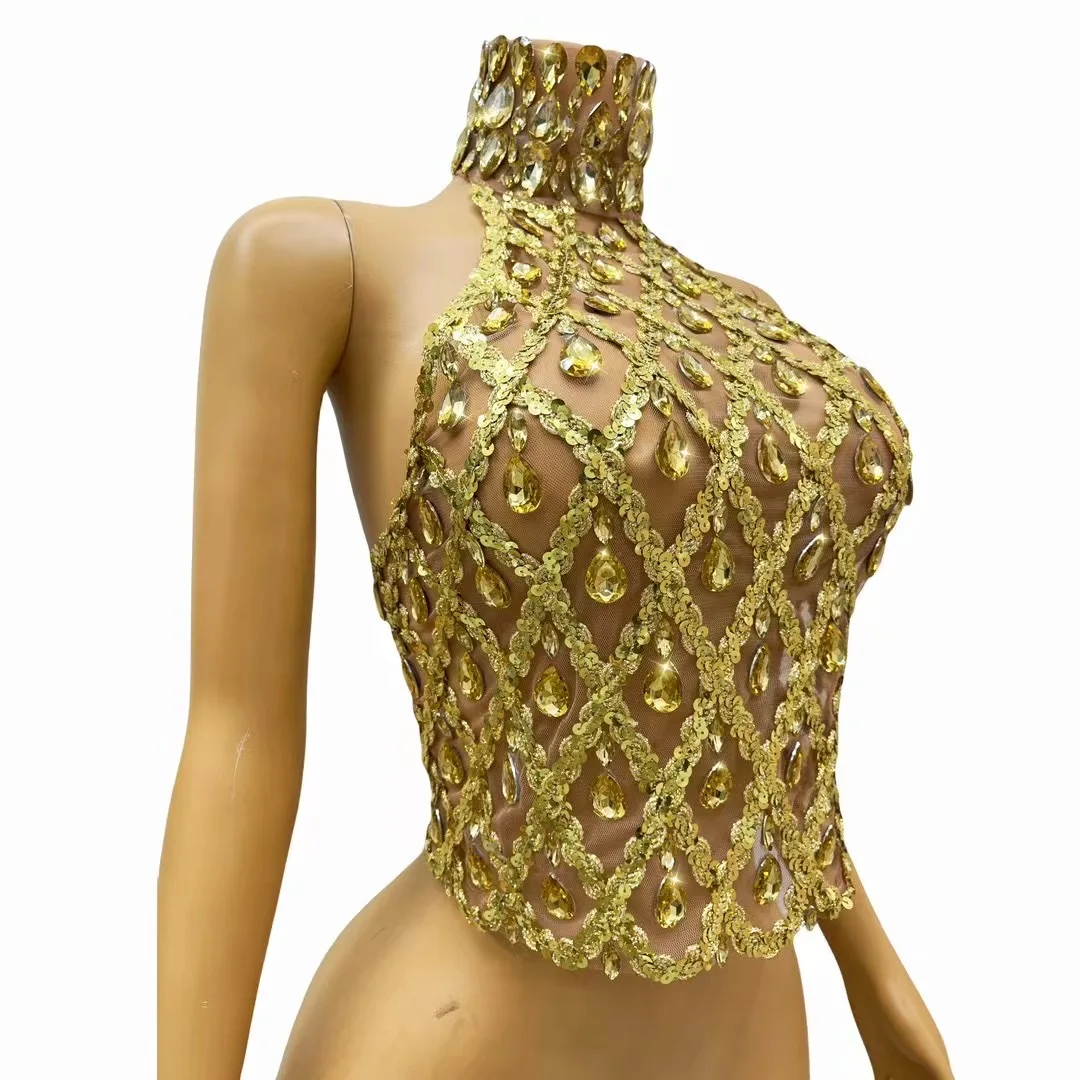 Sparkly Gold Rhinestone Mesh Tops Women Sexy See Through Evening Party Birthday Wear Nightclub Stage Performance Costume