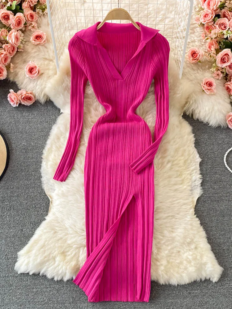 

Women Korean Knitted Dress Long Sleeve V Neck Elastic Slim Pencil Dresses 2024 Autumn Sexy Bodycon Split Sweater Dress