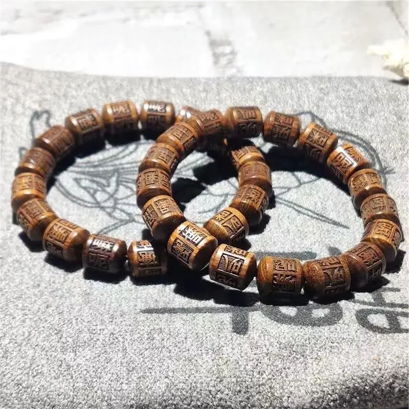 Black Huali Carved Six-character True Words Bracelet Bucket Beaded 10mm Buddha Beads Ethnic Style Handmade Jewelry Hand String