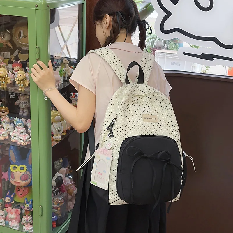 حقيبة ظهر لطيفة وجميلة للفتيات، حقيبة مدرسية للطلاب، حقيبة ظهر خفيفة الوزن من النايلون بألوان متباينة منقطة لطيفة #3