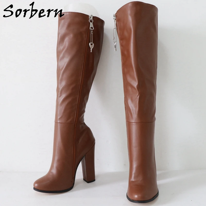 Sorbern Custom Brown Knee High Boots Women Unisex Style Cute Round Toe Block High Heel 14Cm Lockable Zipper Big Size Eu33-48