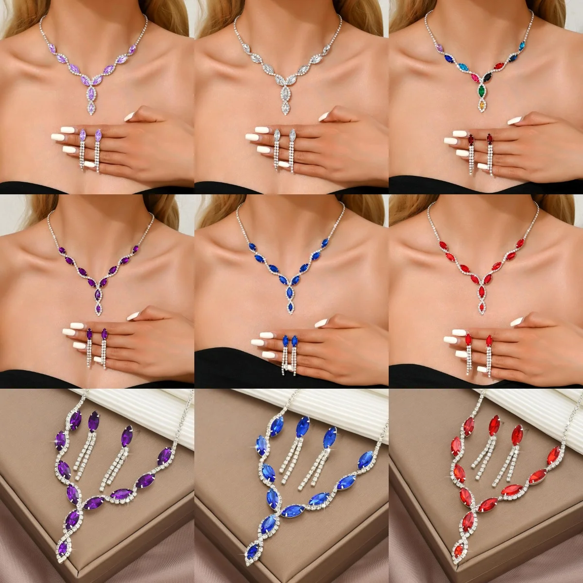 Cross Border Bride Accessories, Fashionable Necklaces, Earrings, Two-Piece Set, Water Droplet Simple, Super Sparkling, Light Lux
