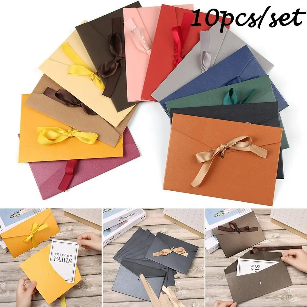 10 Pcs/ Set Wedding Invited Bow Retro Creative Ribbon Mailer Greeting Card Bags Pearlescent Paper Envelop Envelope
