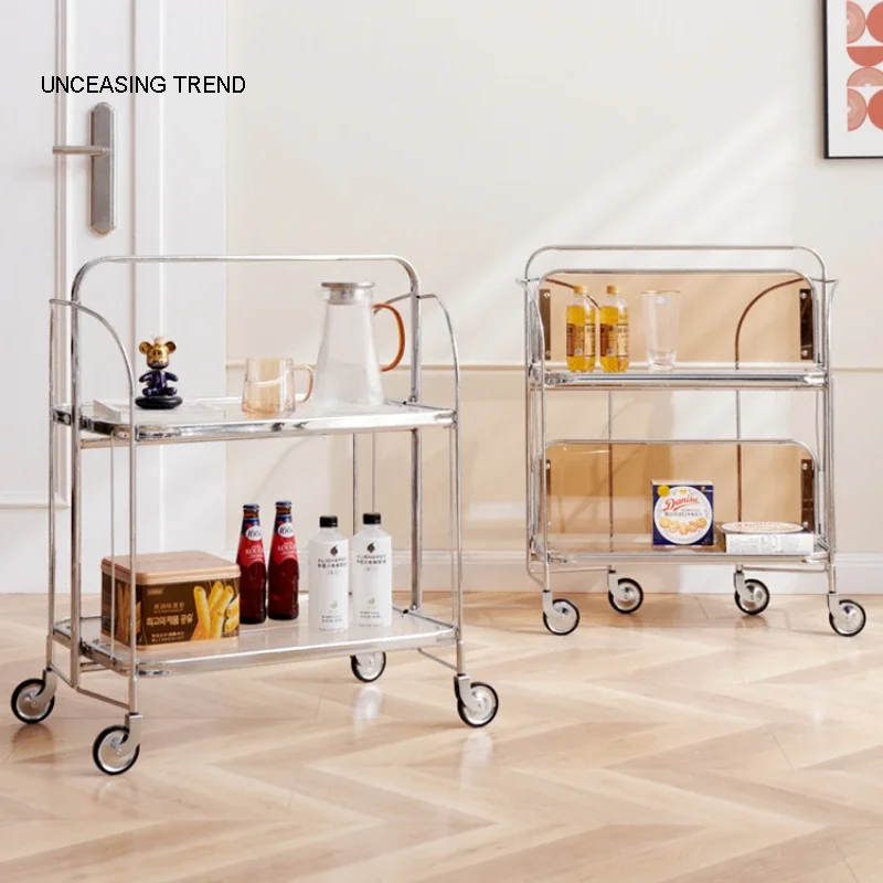 Kitchen trolley with wheels Folding Hand Carts for tea coffee dining room storage shelf movable Transparent glass organizer cart