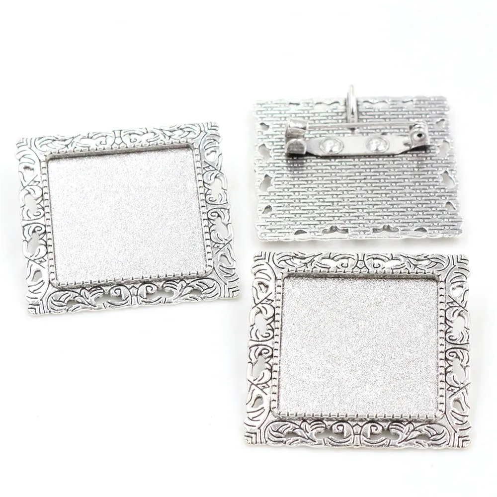 New Fashion 5pcs 25mm Inner Size Antique Silver Plated Bronze Brooch Square Cabochon Base Setting