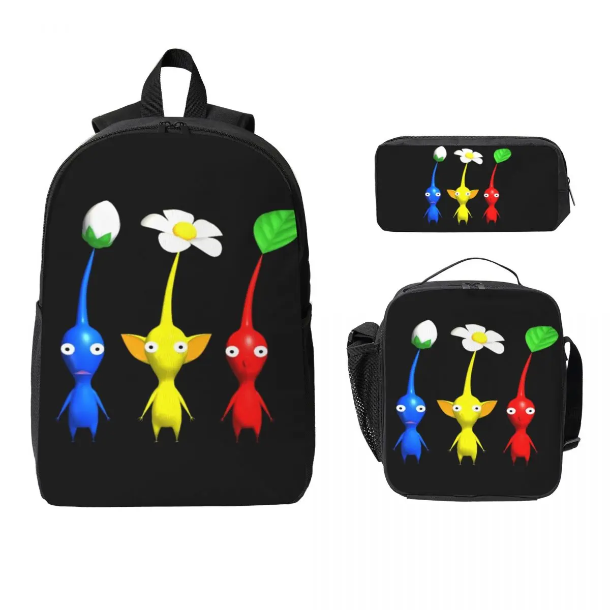 

Pikmin Characters Backpack Student Boys Girls BookBag School Bag Computer Shoulder Bags 3ps Insulated Lunch Bag Pencil Case
