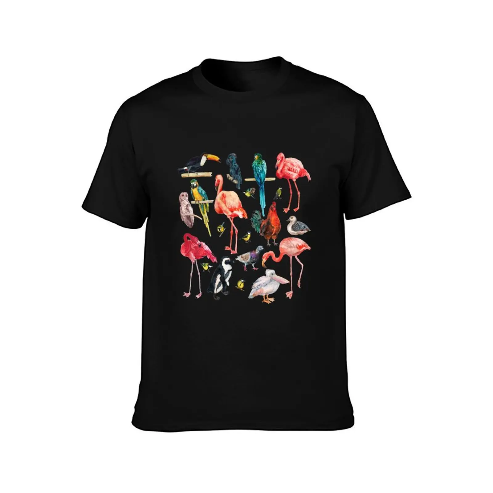 Beautiful Birds Watercolor Pattern - Pink Flamingo Parrot Toucan Owl Duck Rooster Penguin Bird Lovers Ornithologist Gift T-Shirt