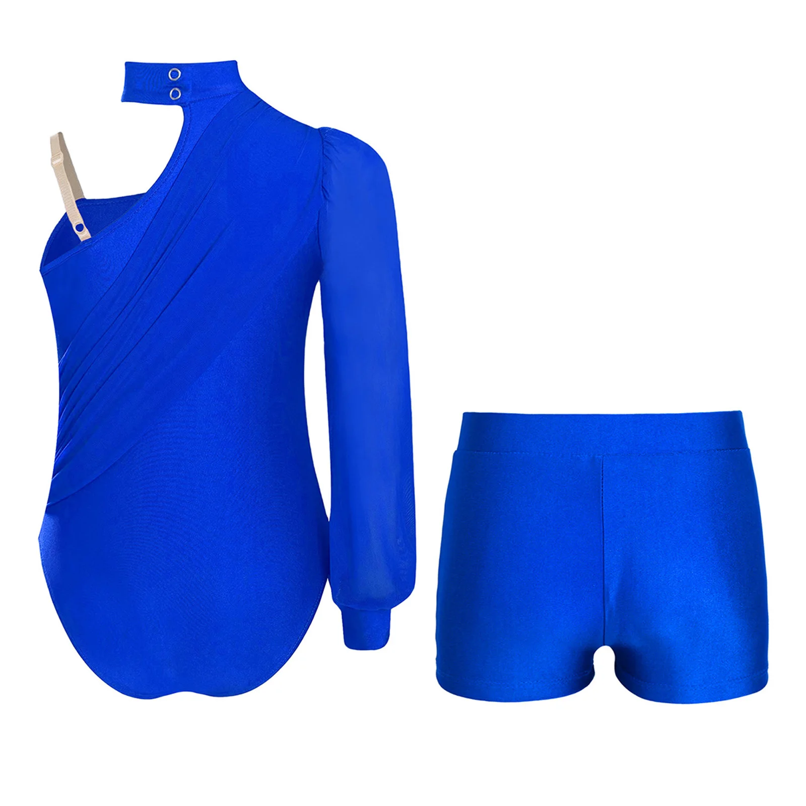 أطفال بنات الشكل التزلج الجمباز ملابس رقص الجمباز مجموعة واحدة الكتف Ruched شبكة تراكب مع حزام الخصر السراويل أداء ارتداء #2