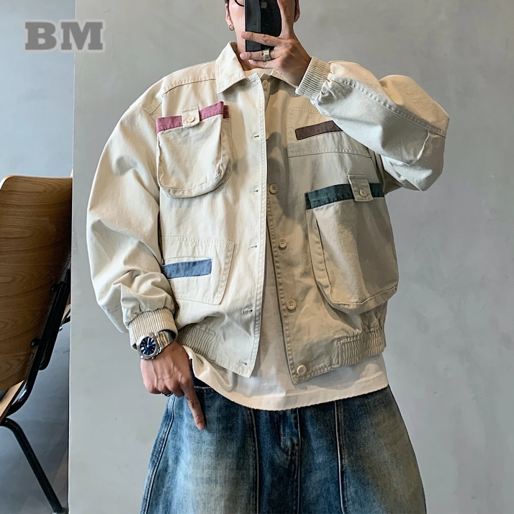 Mens American Streetwear Color Block Workwear Jacket Multi Pocket Oversized Lapel Hip Hop Casual High Quality Urban Trendy Coat