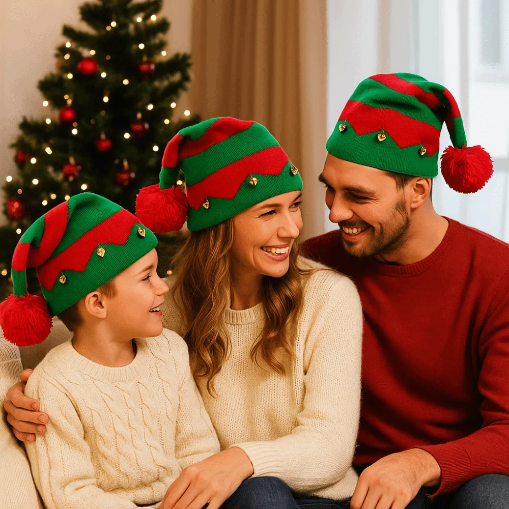 Créatif avec pompon noël tricoté bonnets chapeaux chaud tricot rouge vert couleur noël rayure chapeau avec cloches Crochet casquette cadeau