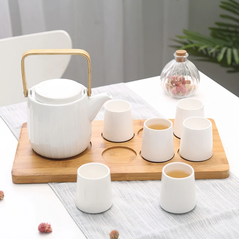 

Ceramic Coffee Tea Set Japanese White Wood Tray Kettle Cup Pot Water Ware Bar Decoration Household Kitchen Supplies Drinkware