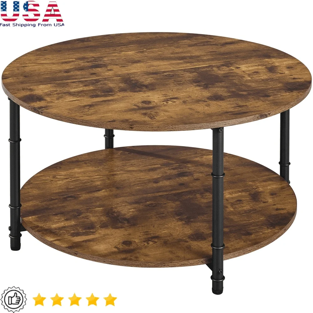 

2-слойный круглый журнальный столик в винтажном стиле, деревенский коричневый деревянный металлический каркас для хранения в гостиной, простая сборка