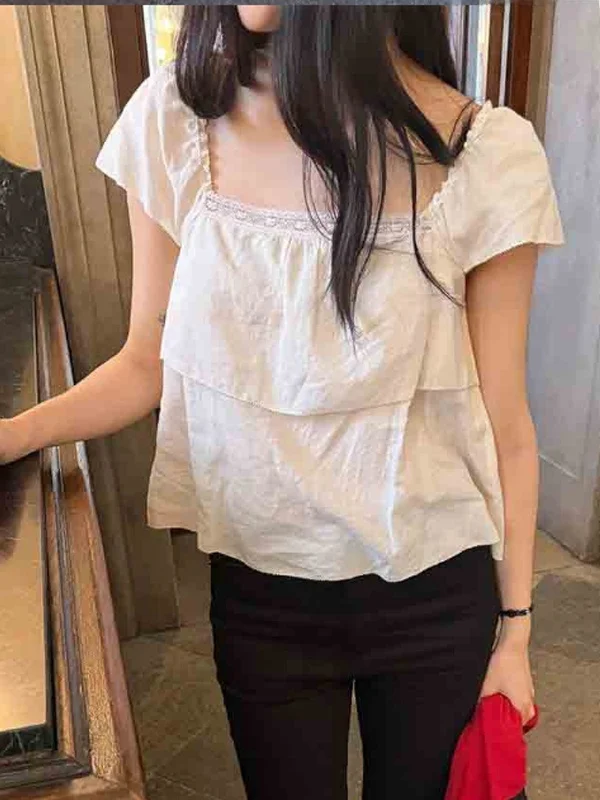 

Retro Square Collar Lace Trim Short Sleeve Women's Shirt French Style Loose Fit Breathable Skin-Friendly Summer Fashion Doll ...