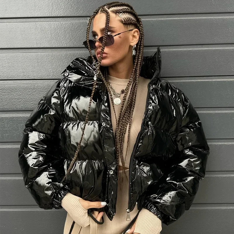 Silver Cotton Quilted Jacket Women Short Puffer Jacket Black Stand Collar Zipper Winter Coat For Women Outerwear Y2K Streetwear