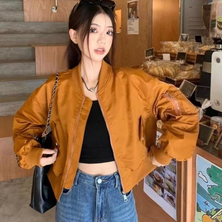 2026 Women's Vintage Baseball Bomber Jacket Loose Cropped Flight Coat Spring Autumn Trendy Casual Streetwear Top