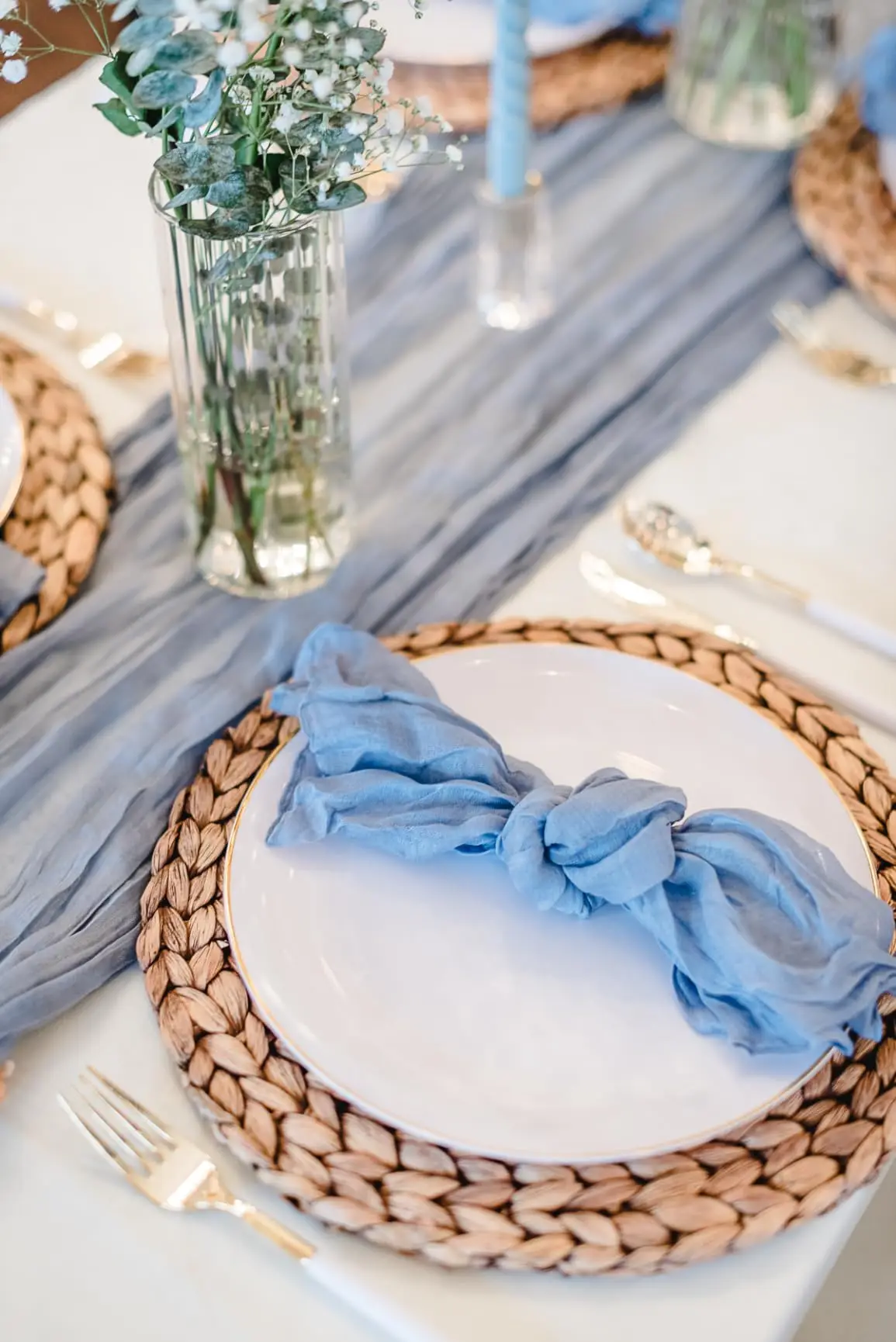 

Blue Cheesecloth Table Runner and Napkins Set, Boho Gauze Cheesecloth 13 Ft Runner with 12 Napkins, for Wedding, Birthday,