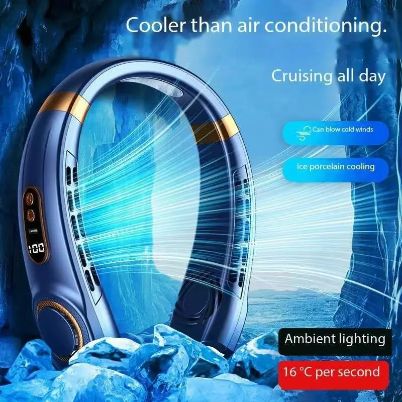 2024New Portable Bladeless Hanging Neck Fan,LED Digital Power Supply, Ice Ceramic Induction Cooling, Colorful Atmosphere Light