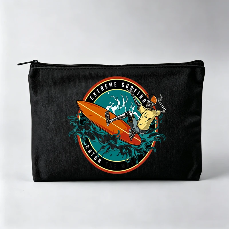 Women's Skeleton Surfer Graphic Makeup Bag, Retro Style Cosmetic Pouch for Daily Use