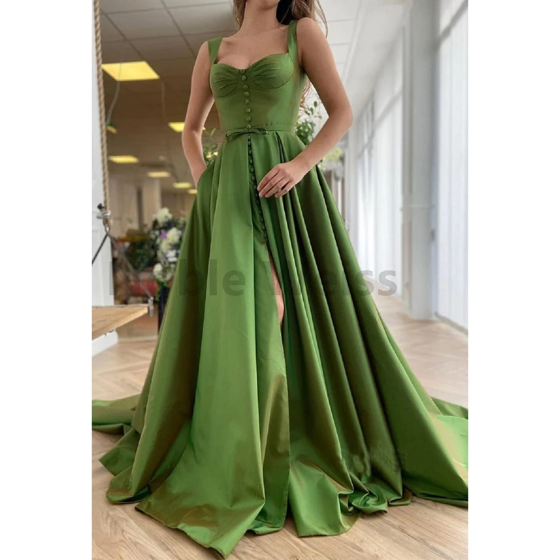 

SATIN A-LINE Evening Dresses for Women Long Formal Prom Dresses with Double Shoulder Straps Front Slit Customize