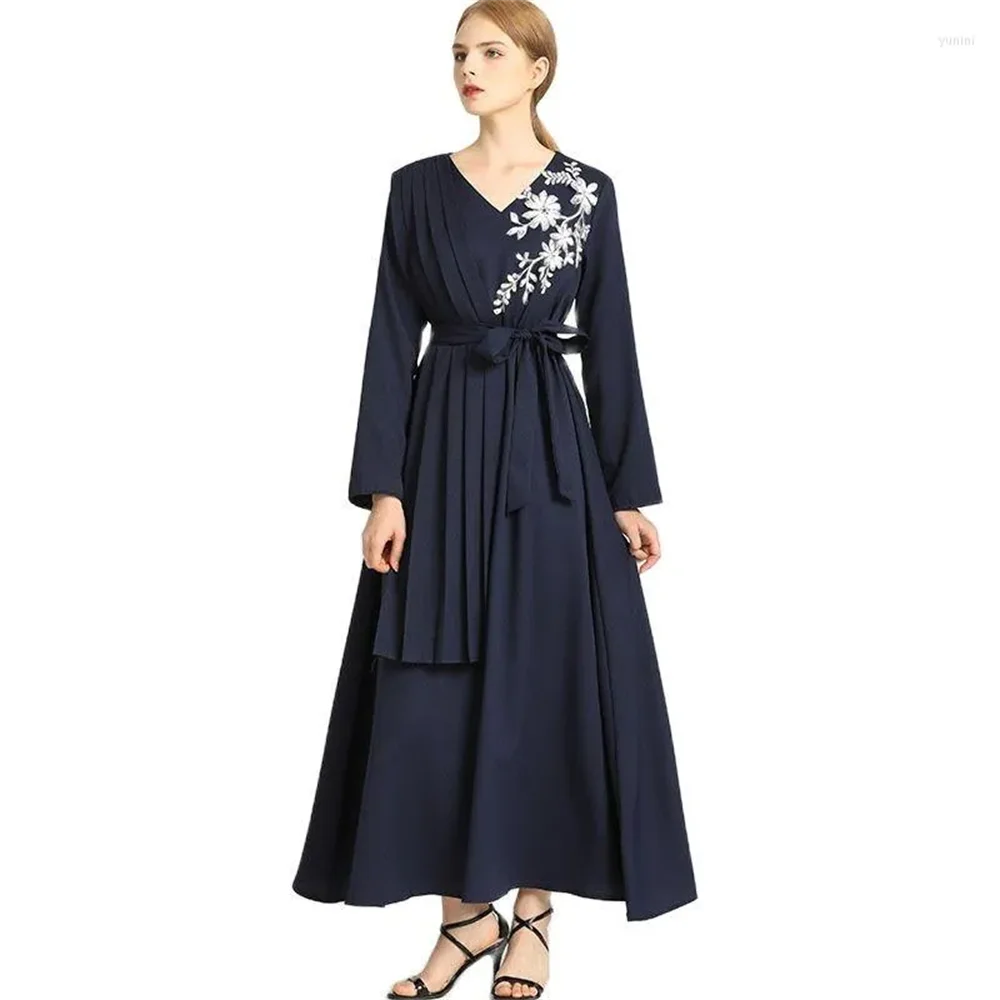 

Navy Blue V Neck Evening Dresses For Prom Muslim Woman Dress Lace-up Applique Pleated Vintage Vestidos