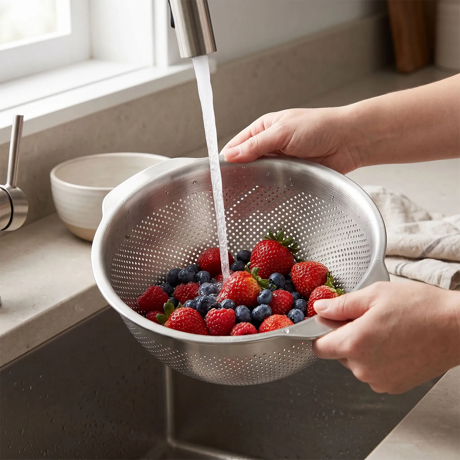 Stainless Steel Colander Strainer Dense Holes Kitchen Gadget Food Strainer Basket with Handle for Washing Vegetables Fruits