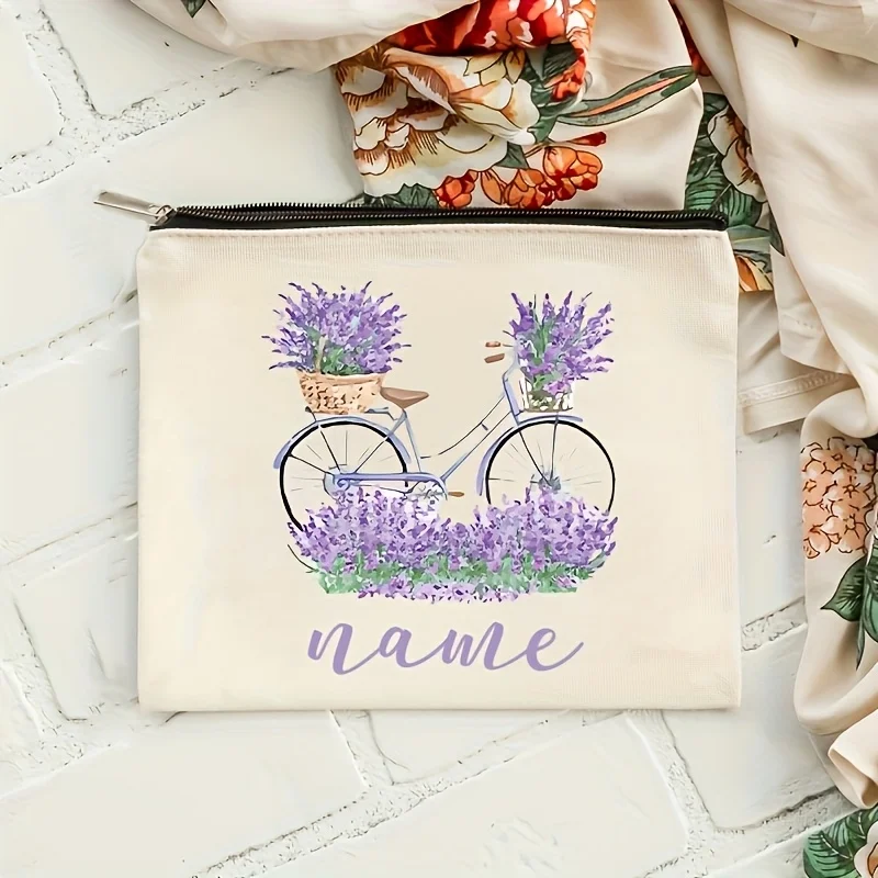 Customizable Lavender Bicycle Floral Makeup Bag Suitable for Women, Zippered Travel Organizer Cosmetic Pouch Durable Zipper Bag