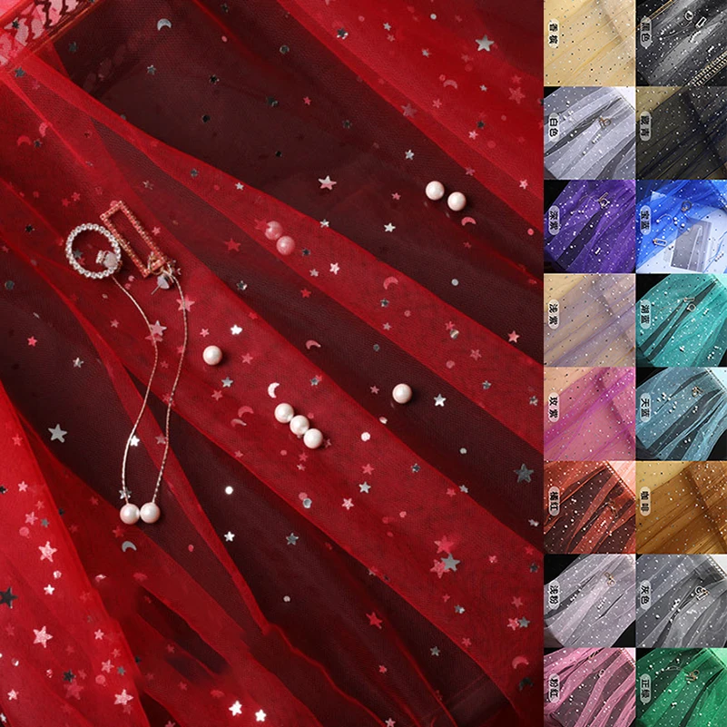 Star Moon Sequin Tulle Fabric Glitter Starry Mesh Net Cloth for Photo Backdrop Nail Art Shooting Bridal Veil DIY at Meters