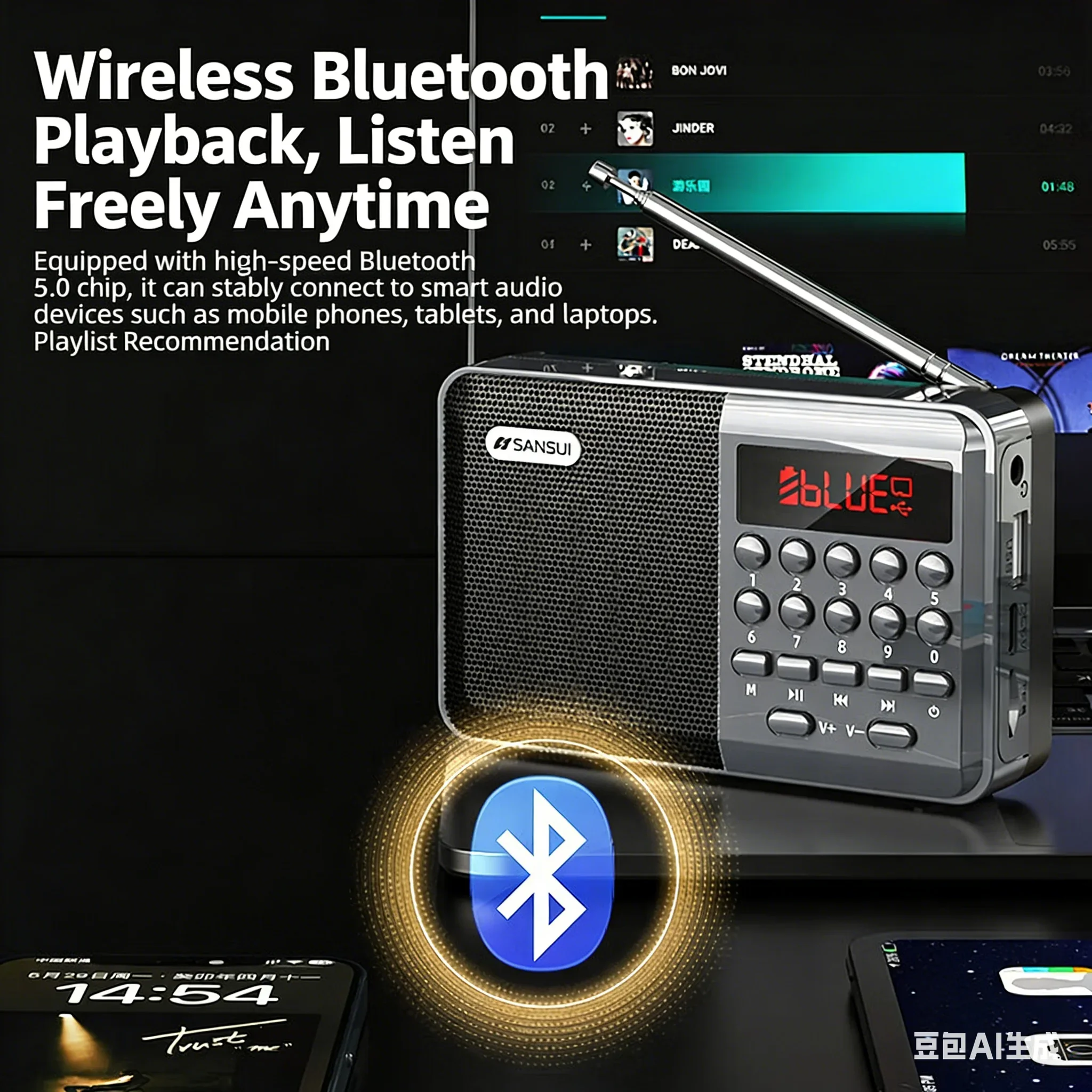 

Многофункциональное портативное радио, Bluetooth-колонка, воспроизведение MP3 с USB/TF-карт, разъем для наушников 3,5 мм, зарядка Type-C, аккумулятор 1200 мАч